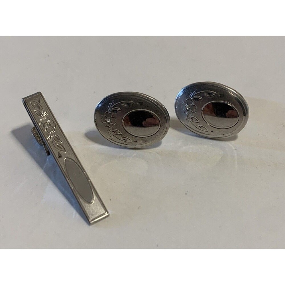 Vintage Sterling Silver Cufflinks & Tie Clip CZ Accent Engraveable Gift